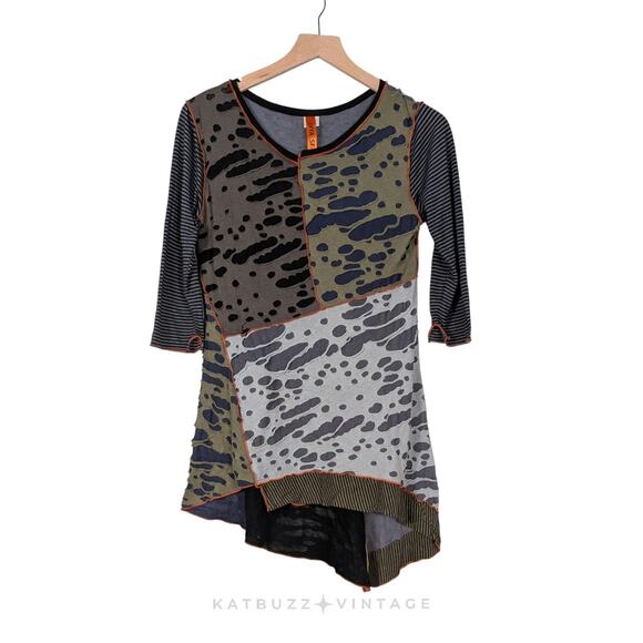 Vintage Tunic Top Patchwork Green Black Lagenlook Artsy Distressed Stripe Orange - Picture 2 of 12